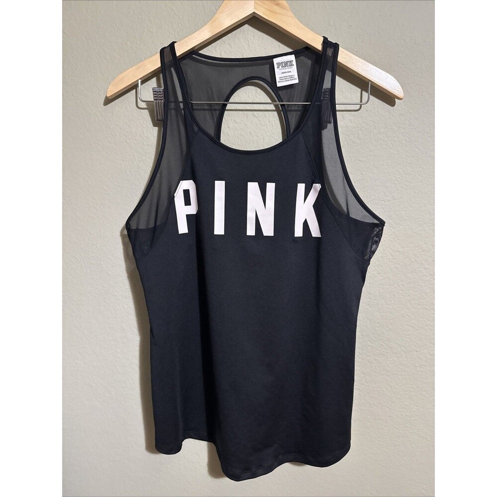 VS VICTORIAS SECRET PINK EVERYDAY RACERBACK TANK TOP BLACK WITH CLASSIC LOGO L
